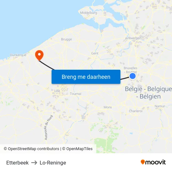 Etterbeek to Lo-Reninge map