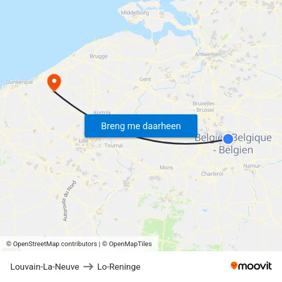Louvain-La-Neuve to Lo-Reninge map