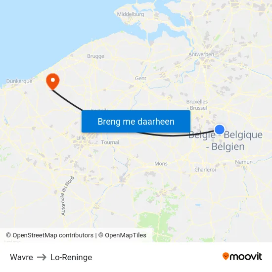 Wavre to Lo-Reninge map