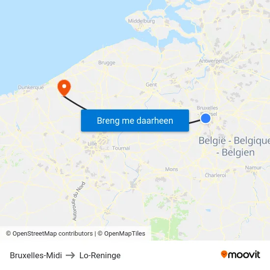 Bruxelles-Midi to Lo-Reninge map