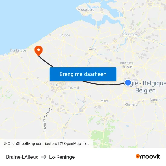Braine-L'Alleud to Lo-Reninge map