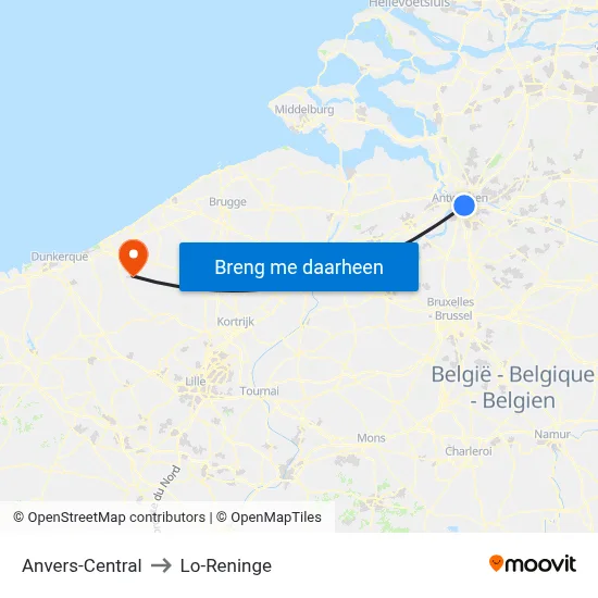 Anvers-Central to Lo-Reninge map