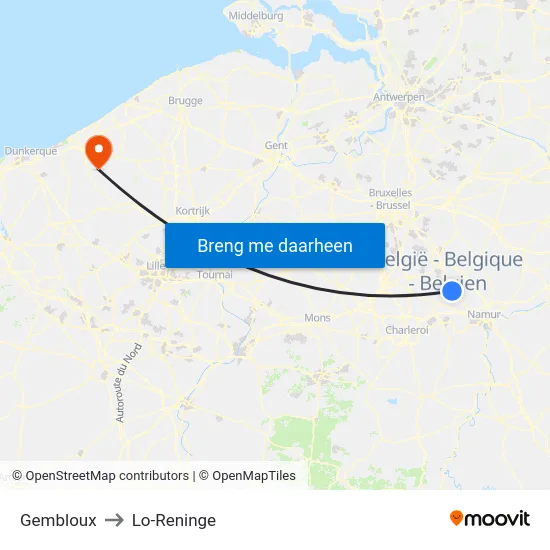 Gembloux to Lo-Reninge map