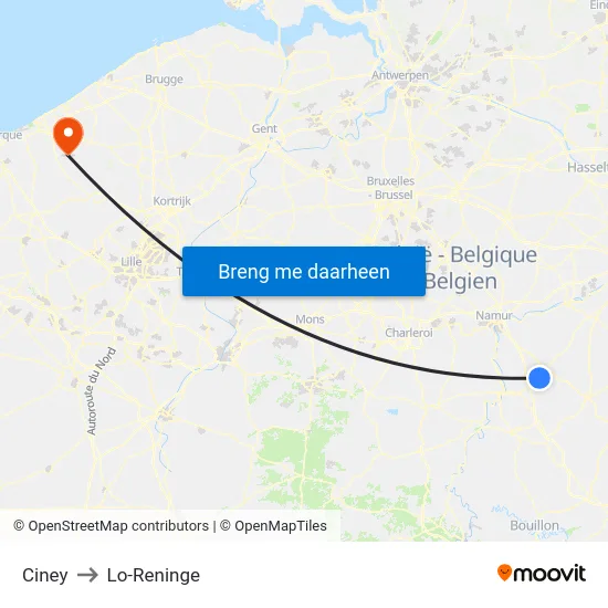 Ciney to Lo-Reninge map