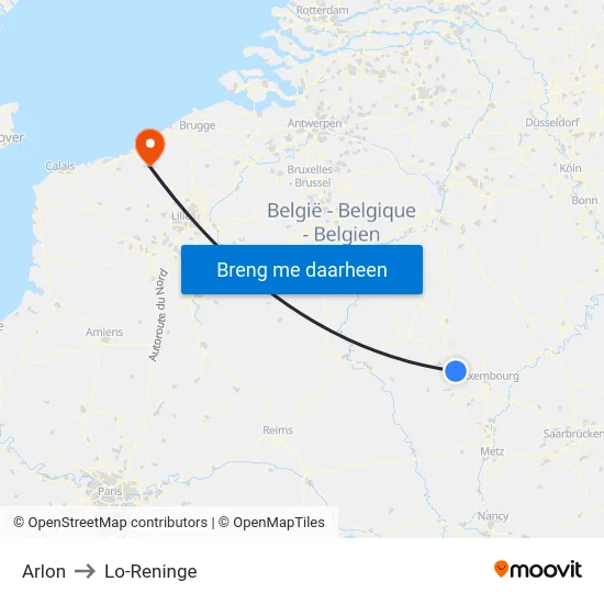 Arlon to Lo-Reninge map