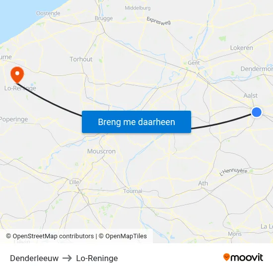 Denderleeuw to Lo-Reninge map