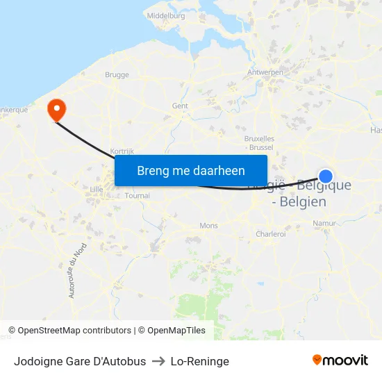 Jodoigne Gare D'Autobus to Lo-Reninge map