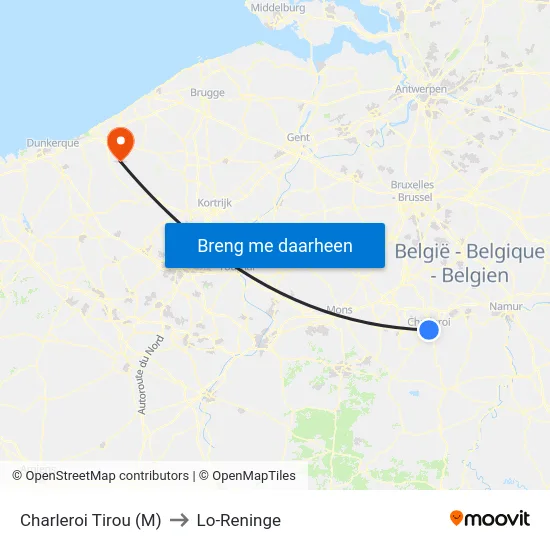 Charleroi Tirou (M) to Lo-Reninge map