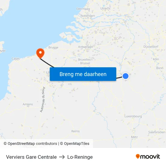 Verviers Gare Centrale to Lo-Reninge map