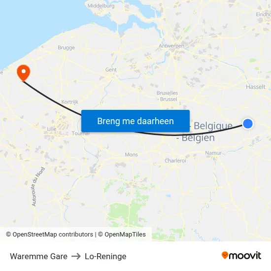 Waremme Gare to Lo-Reninge map