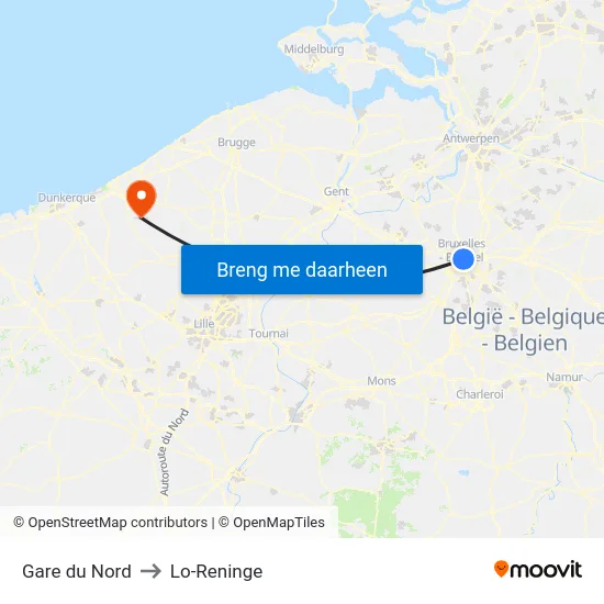 Gare du Nord to Lo-Reninge map