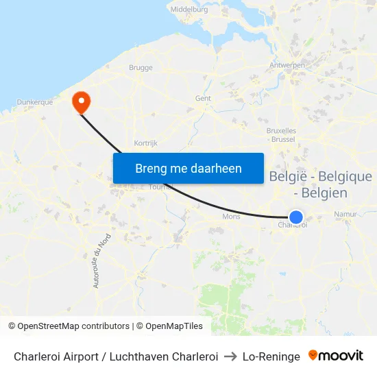 Charleroi Airport / Luchthaven Charleroi to Lo-Reninge map