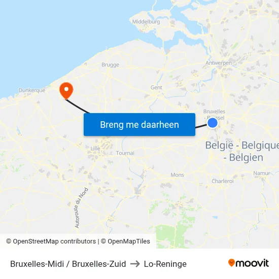 Bruxelles-Midi / Bruxelles-Zuid to Lo-Reninge map