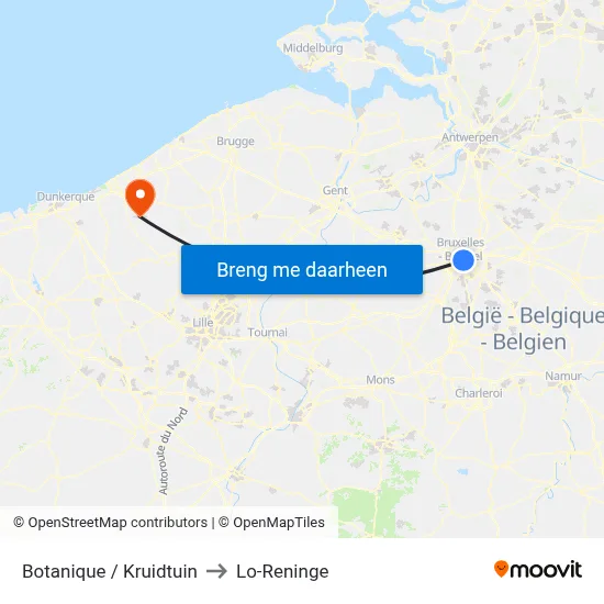 Botanique / Kruidtuin to Lo-Reninge map