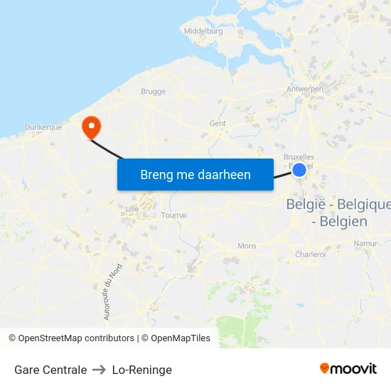 Gare Centrale to Lo-Reninge map