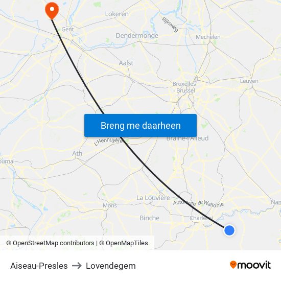 Aiseau-Presles to Lovendegem map