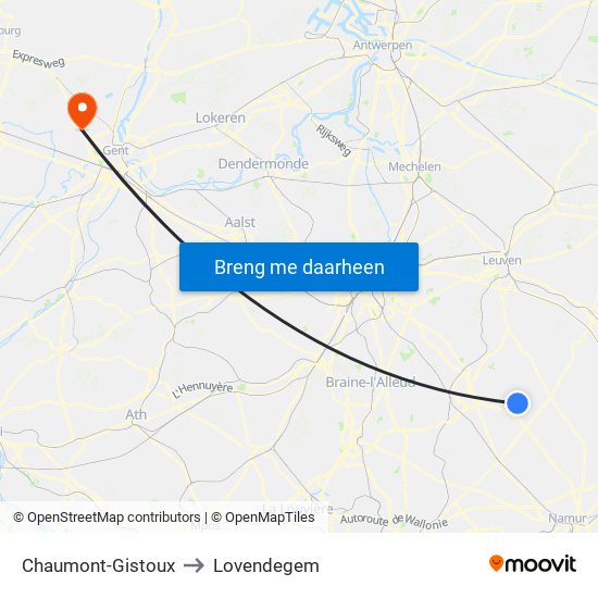 Chaumont-Gistoux to Lovendegem map