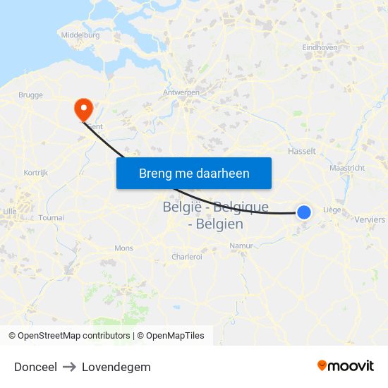 Donceel to Lovendegem map