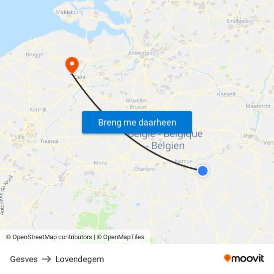 Gesves to Lovendegem map