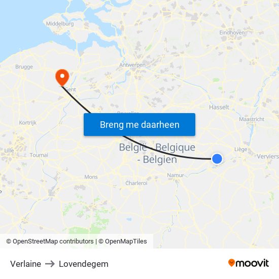 Verlaine to Lovendegem map