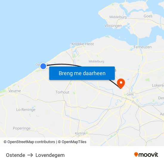 Ostende to Lovendegem map