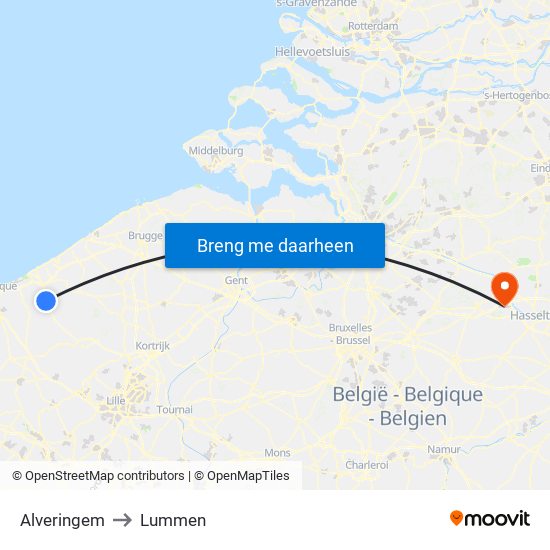 Alveringem to Lummen map