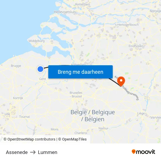 Assenede to Lummen map