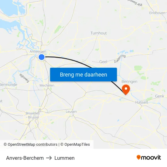 Anvers-Berchem to Lummen map