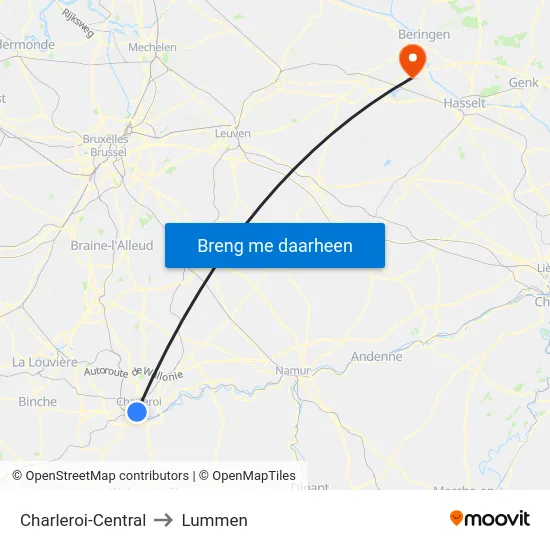 Charleroi-Central to Lummen map