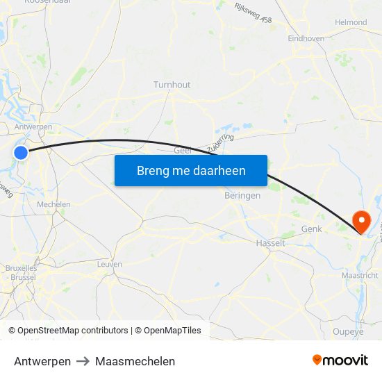 Antwerpen to Maasmechelen map