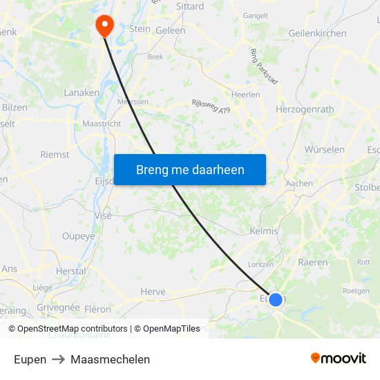 Eupen to Maasmechelen map