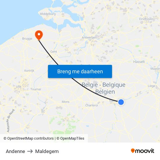 Andenne to Maldegem map