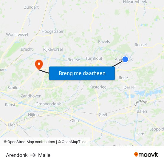 Arendonk to Malle map