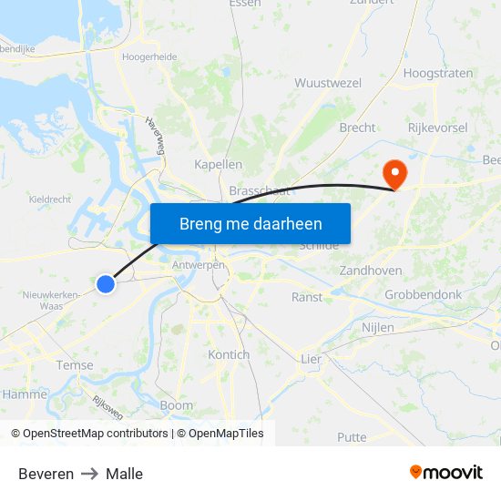 Beveren to Malle map