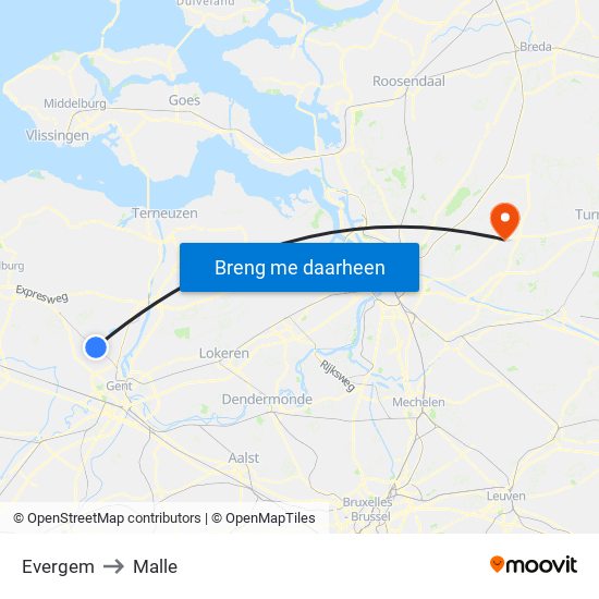 Evergem to Malle map