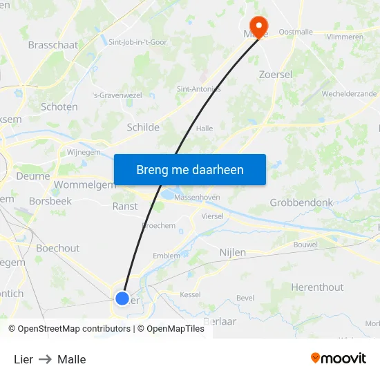 Lier to Malle map