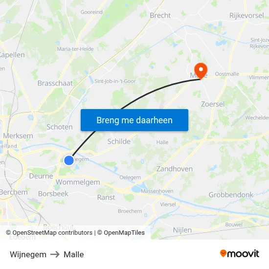 Wijnegem to Malle map