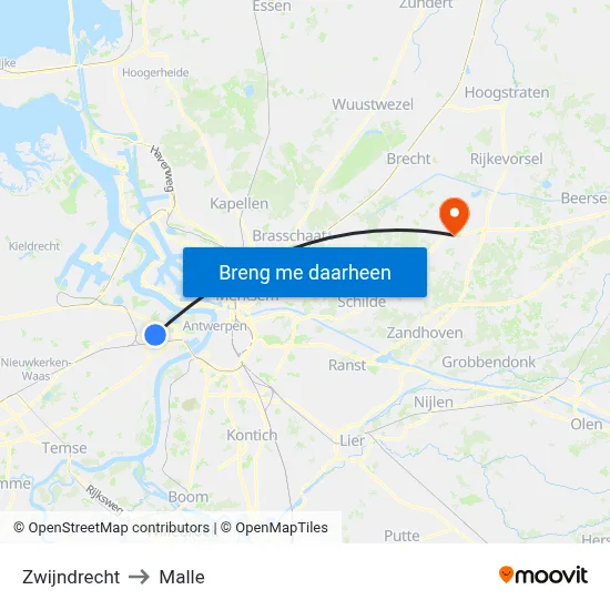 Zwijndrecht to Malle map