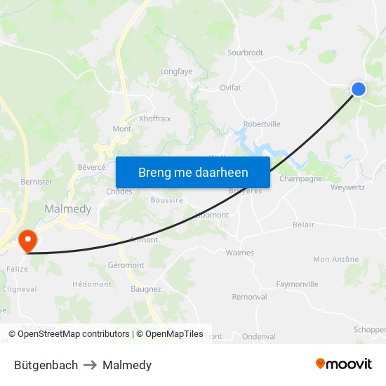 Bütgenbach to Malmedy map