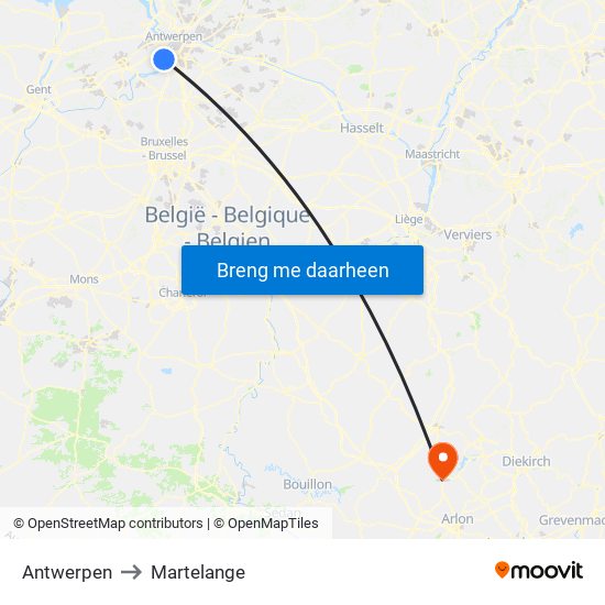Antwerpen to Martelange map