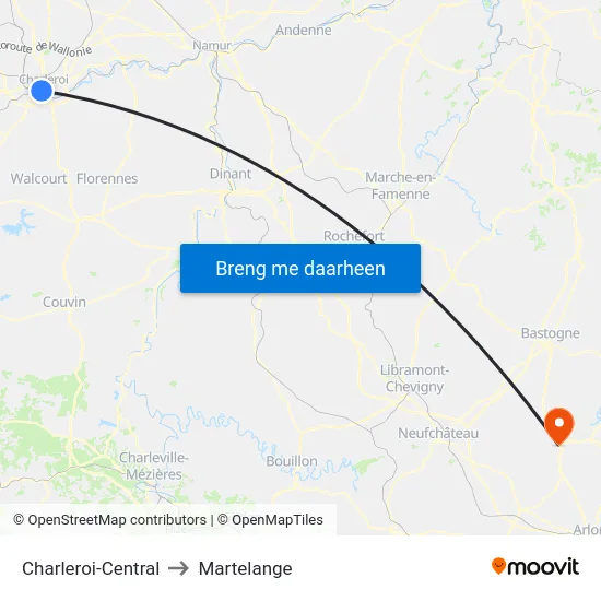 Charleroi-Central to Martelange map