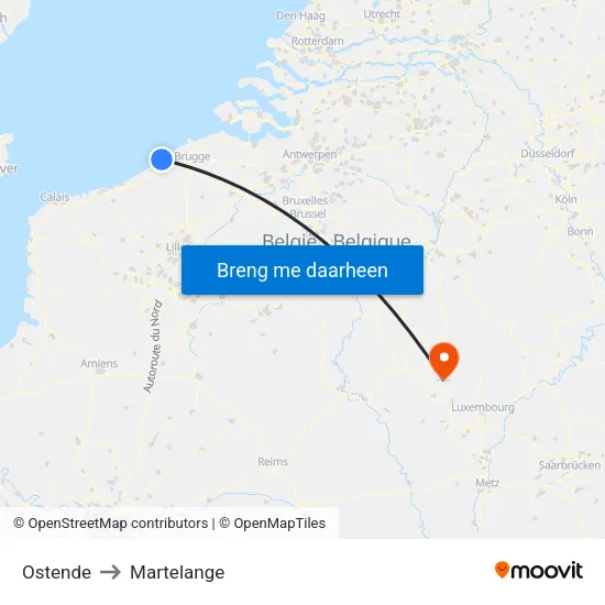 Ostende to Martelange map
