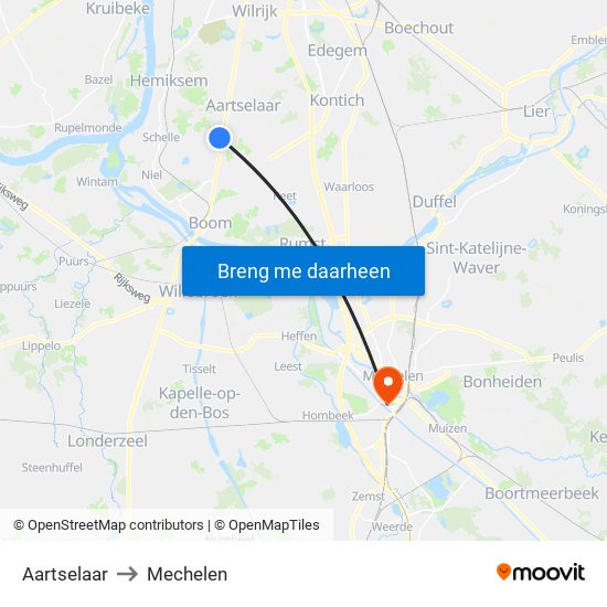 Aartselaar to Mechelen map