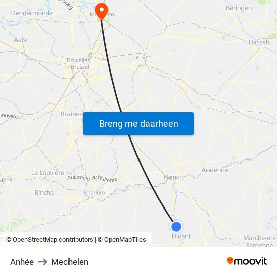 Anhée to Mechelen map