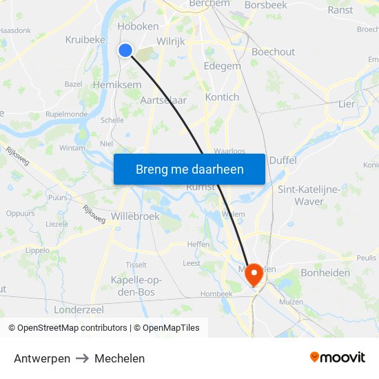 Antwerpen to Mechelen map