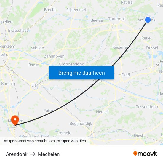Arendonk to Mechelen map