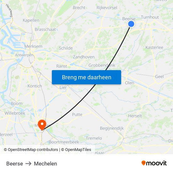 Beerse to Mechelen map