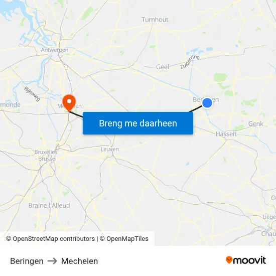 Beringen to Mechelen map