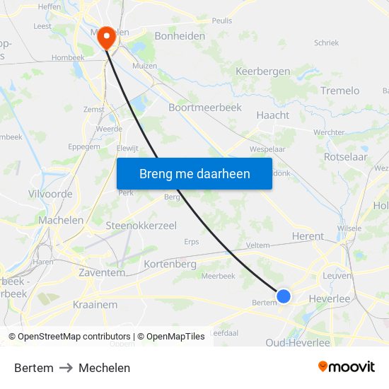 Bertem to Mechelen map