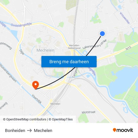 Bonheiden to Mechelen map